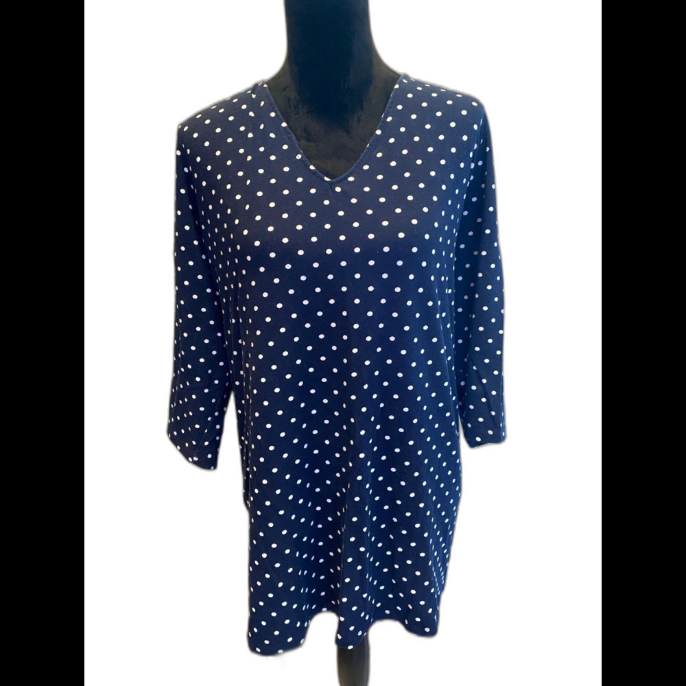Woman Within Plus Size 26 /28 Navy Polka dotted Pullover Knit Blouse Top Stretch